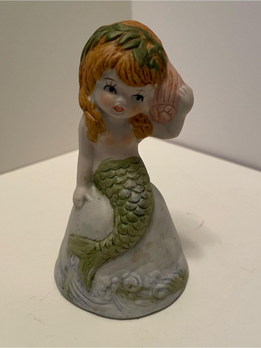 Vintage 1979 Jasco Adorabelles Mermaid on Rock Bisque Bell, Blonde, Green Kitchy
